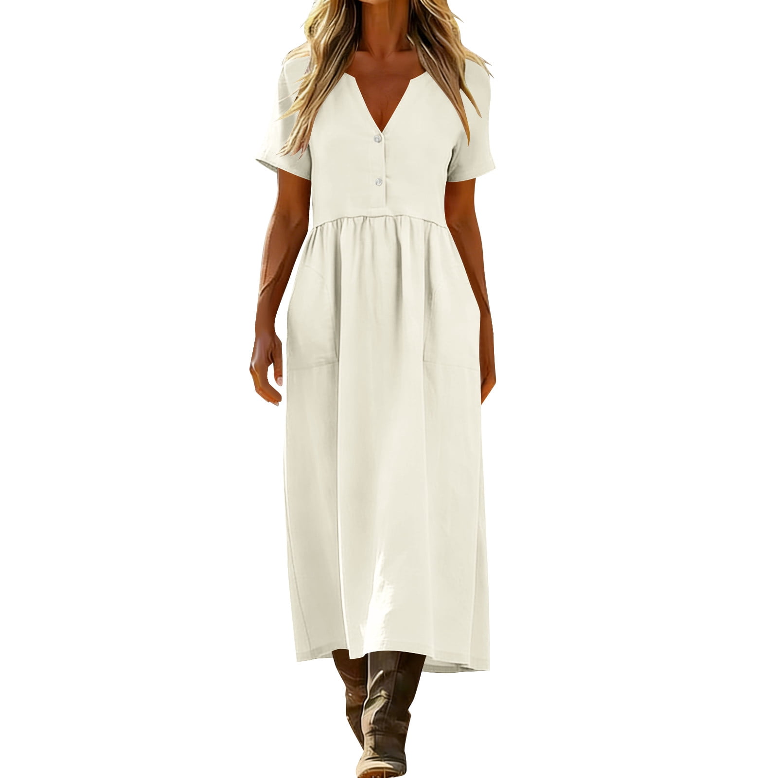 Aohooy Women Cotton Linen Dress Short Sleeve V Neck Empire Waist Maxi Sundress Boho Vacation Flowy A Line Sundress with Pockets Beige,S, Women's, Size