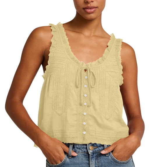 aohooy Women Cotton Tank Tops Y2k Cropped Lace Button Down Sleeveless Shirt Boho Casual Summer Fashion Tops Dressy Blouse 2026 Yellow,S