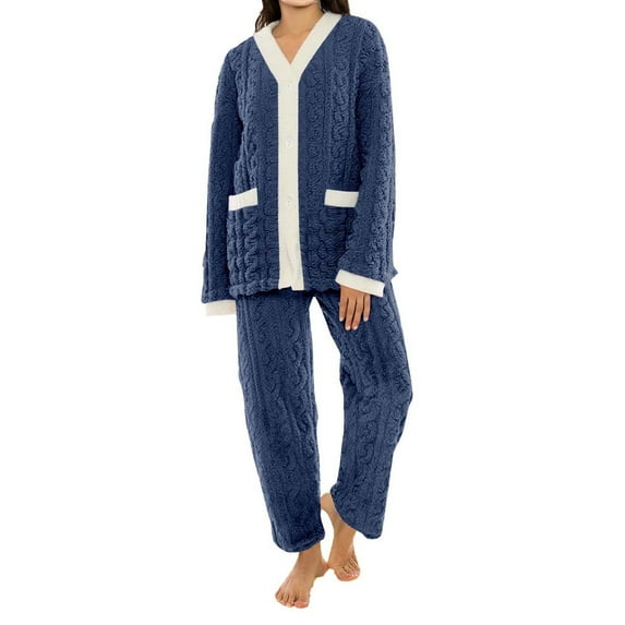 aohooy Women Fuzzy Pajama Set Soft Warm Winter 2 Piece Fleece Pullover Pjs Set Button Sleepwear Loungewear Outfit Blue,Free Size