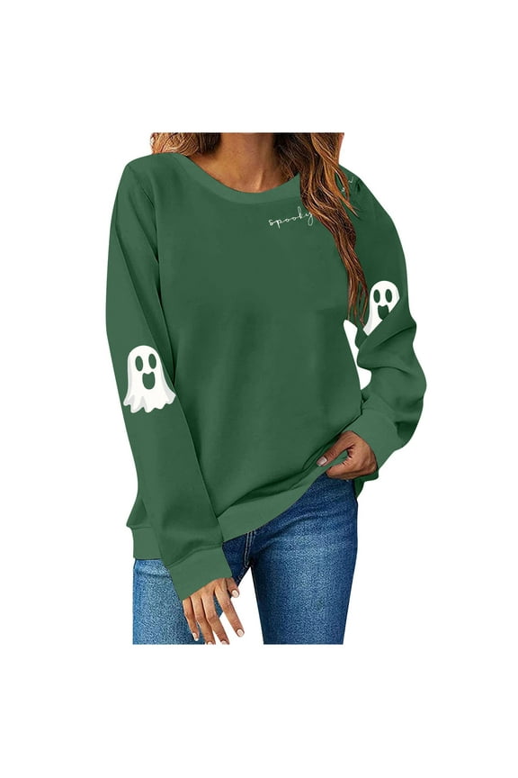 Women Halloween Shirt Crewneck Cute Funny Ghost Graphic Long Sleeve Shirt Fall Spooky Pullover Sweatshirts Tops Army Green,XXXXXL