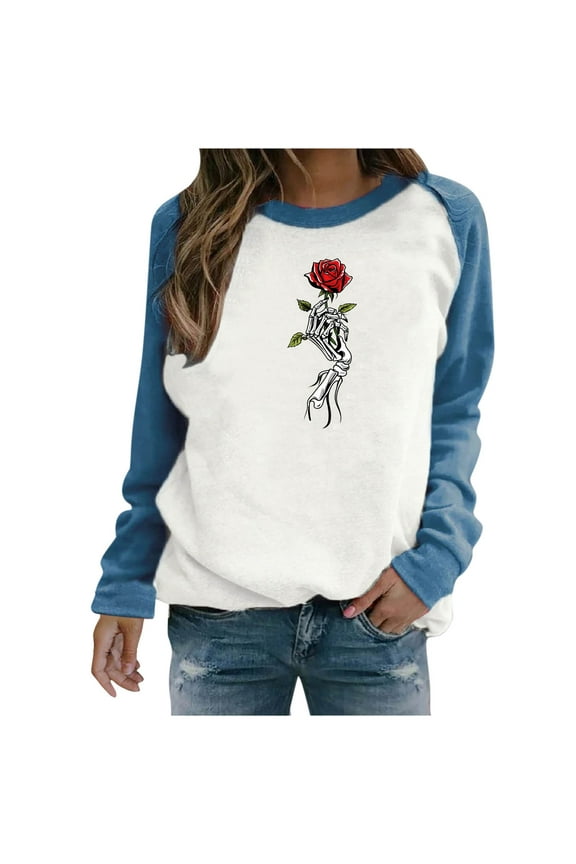 Women Halloween Shirt Raglan Long Sleeve Crewneck Sweatshirt Funny Ghost Print Tops Vintgae Festival Clothes Gift Blue,XXL