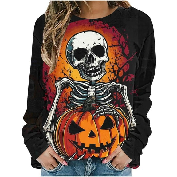 aohooy Women Halloween Shirt Sweatshirts for Women Halloween Ghost Print Long Sleeve Crewneck Pullover Loose Fit Cute Graphic Tee Shirt Multicolor,XXL