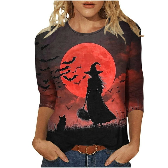aohooy Women Halloween Shirts 2025 3/4 Sleeve Funny Graphic T-Shirts Casual Crewneck Witch Pumpkin Ghost Tunic Tops Multicolor,XXXL