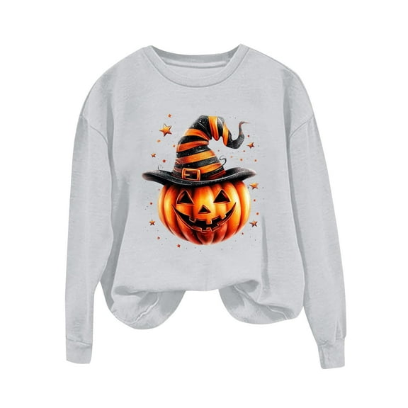 aohooy Women Halloween Shirts Cute Funny Ghost Pumpkin Graphic Long Sleeve Shirt Fall Spooky Pullover Sweatshirts Tops Gray,XL
