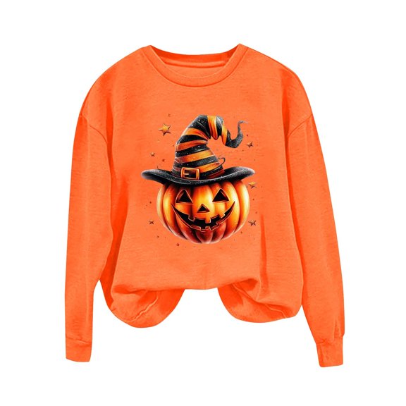 aohooy Women Halloween Shirts Cute Funny Ghost Pumpkin Graphic Long Sleeve Shirt Fall Spooky Pullover Sweatshirts Tops Orange,S
