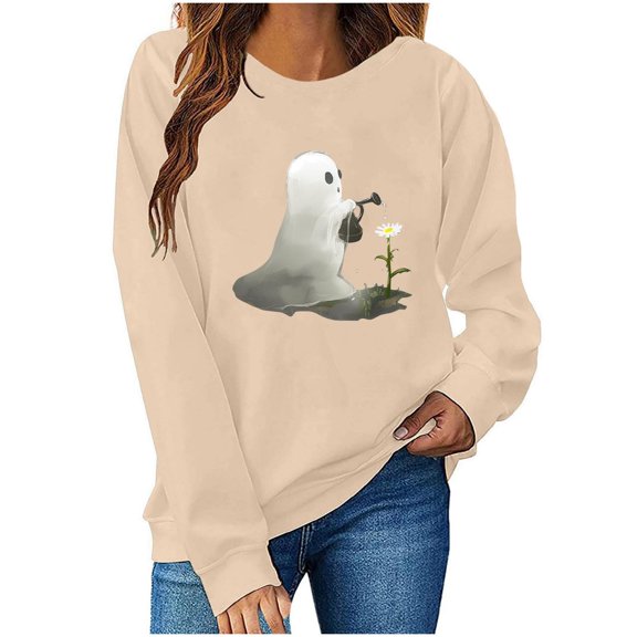 aohooy Women Halloween Shirts Halloween Sweatshirts Cute Ghost Graphic Crewneck Sweatshirt Oversized Long Sleeve Pullover Tops 2025 Beige,M