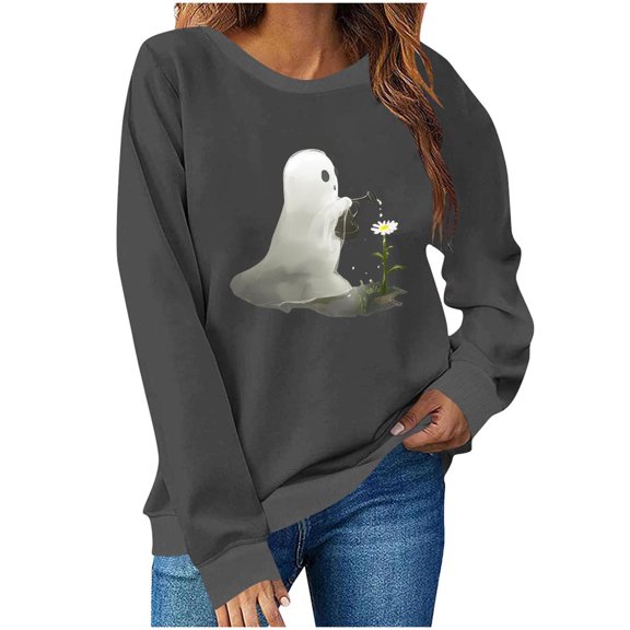 aohooy Women Halloween Shirts Halloween Sweatshirts Cute Ghost Graphic Crewneck Sweatshirt Oversized Long Sleeve Pullover Tops 2025 Dark Gray,M