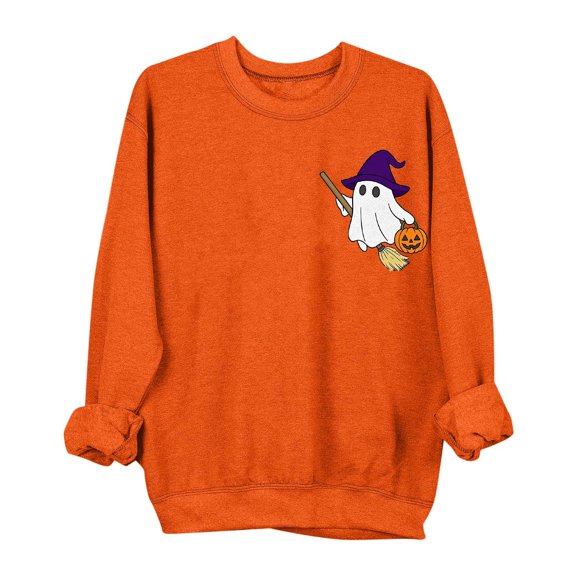 aohooy Women Halloween Sweatshirt 2025 Novelty Witch Pumpkin Ghost Bat Print Gothic Shirts Long Sleeve Crewneck Pullover Orange,M
