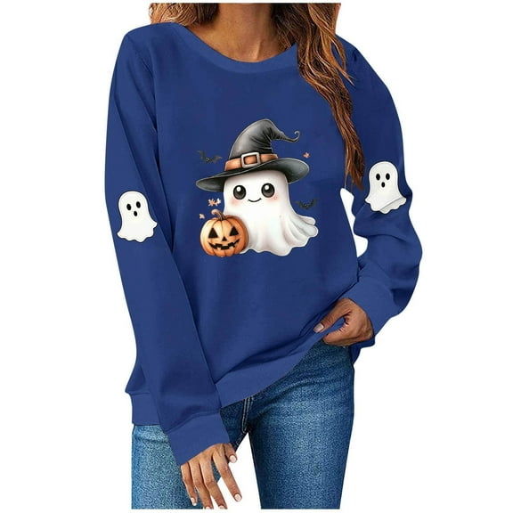 aohooy Women Halloween Sweatshirt Cute Funny Ghost Pumpkin Graphic Long Sleeve Shirt Fall Spooky Pullover Sweatshirts Tops Blue,M