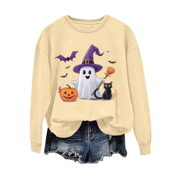 aohooy Women Halloween T Shirts 2025 Novelty Witch Pumpkin Ghost Bat Print Gothic Shirts Long Sleeve Crewneck Pullover Beige,M