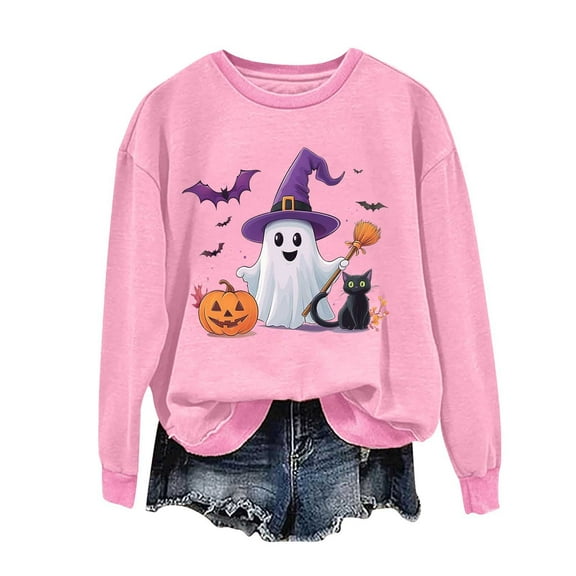 aohooy Women Halloween T Shirts 2025 Novelty Witch Pumpkin Ghost Bat Print Gothic Shirts Long Sleeve Crewneck Pullover Pink,L