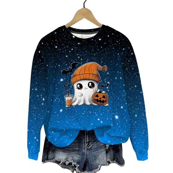 aohooy Women Halloween Tops Cute Funny Ghost Pumpkin Graphic Long Sleeve Shirt Fall Spooky Pullover Sweatshirts Tops Sky Blue,S