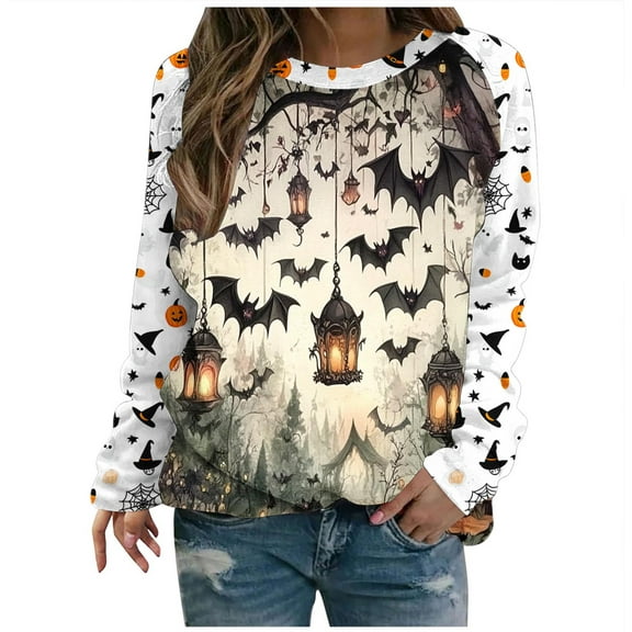 aohooy Women Halloween Tops Halloween Sweatshirts Cute Ghost Graphic Crewneck Sweatshirt Oversized Long Sleeve Pullover Tops 2025 Multicolor,L