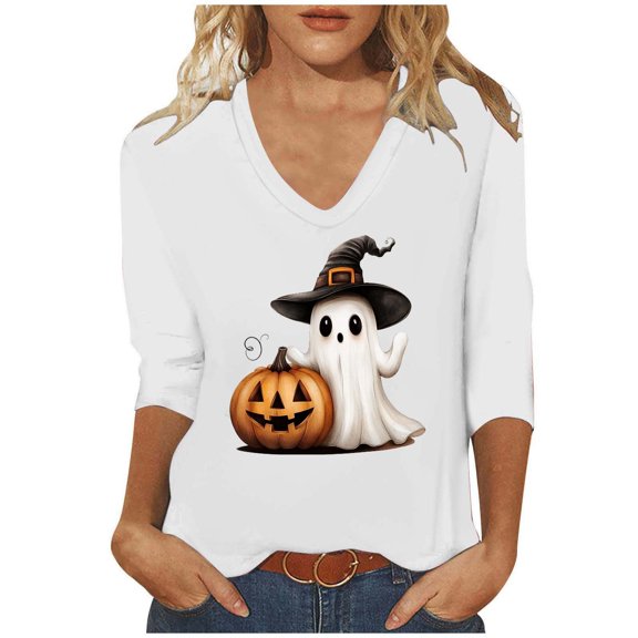 aohooy Women Halloween Tops Loose 3/4 Sleeve Funny Graphic T-Shirts Casual V Neck Witch Pumpkin Ghost Tunic Tops White,XXL