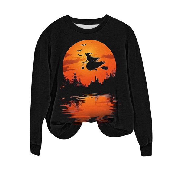 aohooy Women Halloween Tshirt 2025 Novelty Witch Pumpkin Ghost Bat Print Gothic Shirts Long Sleeve Crewneck Pullover Multicolor,XL