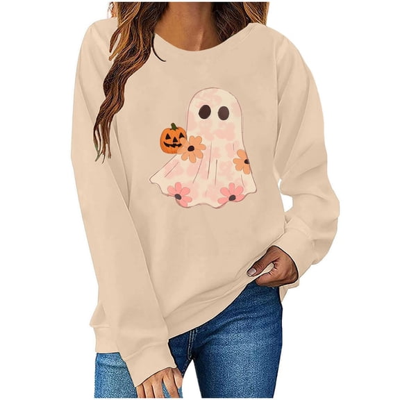 aohooy Women Halloween Tshirt Halloween Sweatshirts Cute Ghost Graphic Crewneck Sweatshirt Oversized Long Sleeve Pullover Tops 2025 Beige,XS
