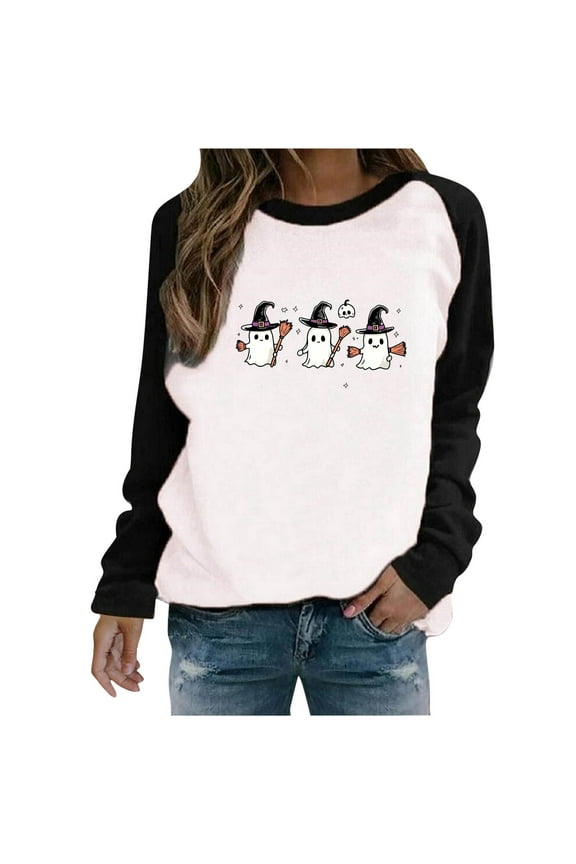 Women Halloween Tshirt Raglan Long Sleeve Crewneck Sweatshirt Funny Ghost Print Tops Vintgae Festival Clothes Gift Black,XXL