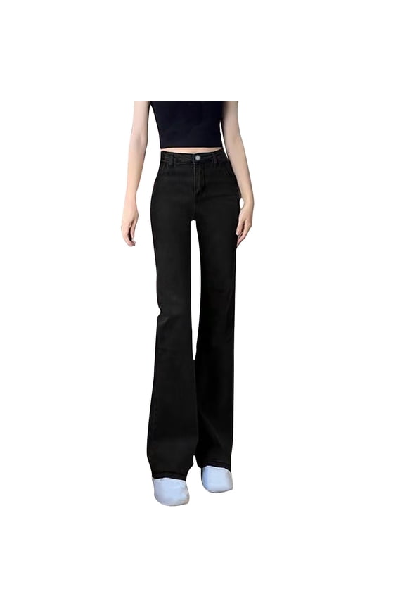 Women Jeans Skinny High Waisted Stretch Mini Flared Denim Pant Slim Fit Straight leg Trousers with Pockets Black,S