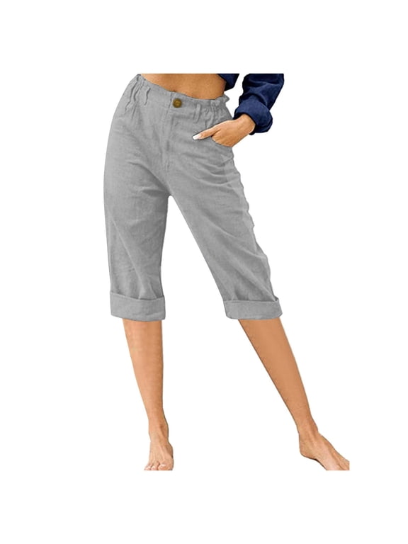 Women Linen Capris High Waisted Button Knee Length Shorts Elastic Waist Casual Summer Trousers Cuffed Hem Capris 2026 Gray,XXXL