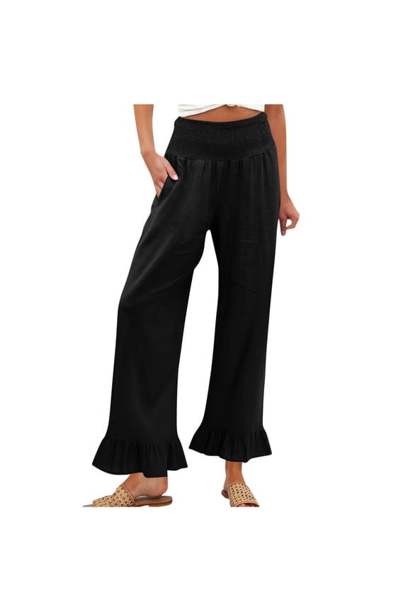 Women Linen Pants Petite Casual Wide Leg Ruffle Hem Palazzo Pant Smocked Elastic High Waist Loose Fit Trousers with Pockets Black,L