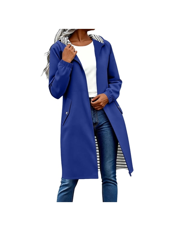 Women Long Hooded Rain Jacket 2026 Waterproof Windbreaker Lightweight Raincoats Striped Lined Outdoor Coat with Pockets Dark Blue,S