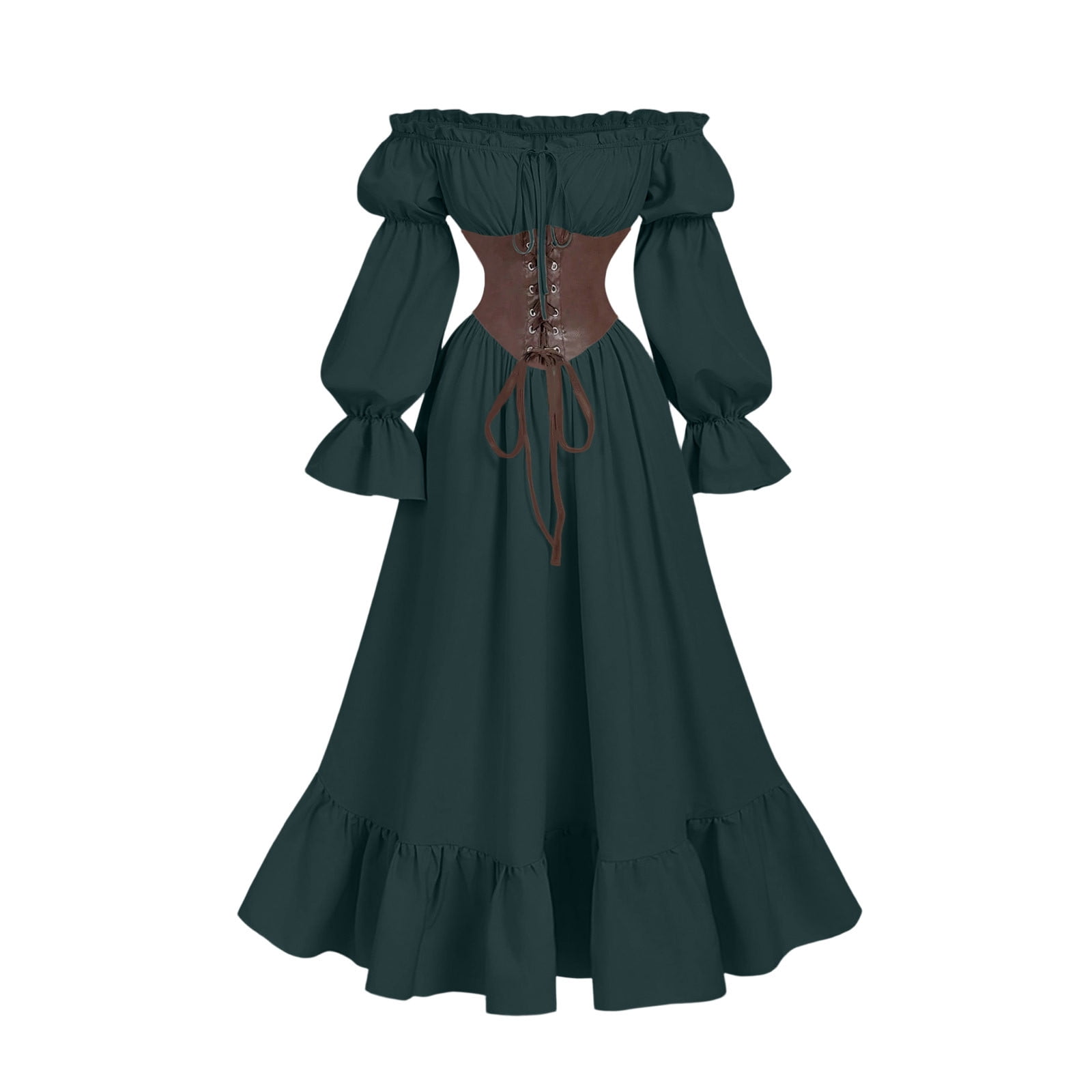 aohooy Women Off Shoulder Medieval Long Dress Flare Sleeve Ruffle Waist ...