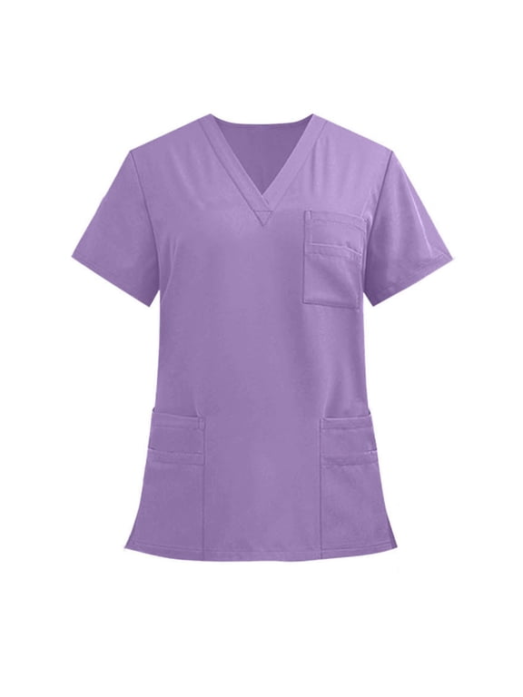 Women Scrub Uniforms V-Neck Short Sleeve Wrap Tees with Multi Pocket Unisex Workwear Nurse Outfits Purple,M