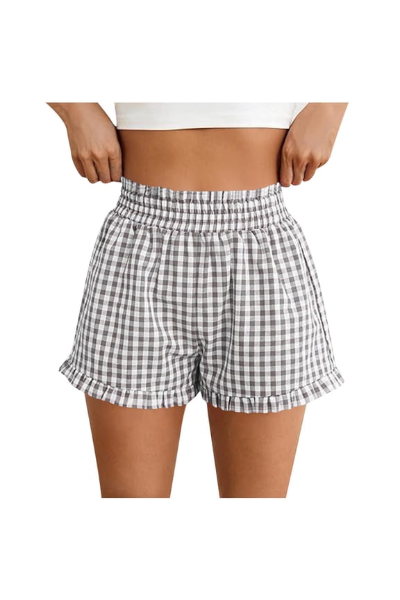 Women Shorts for Seniors Petite Casual Plaid Ruffle Lounge Shorts Summer Elastic High Waist Pajamas Boxers Pants Gray,XXL