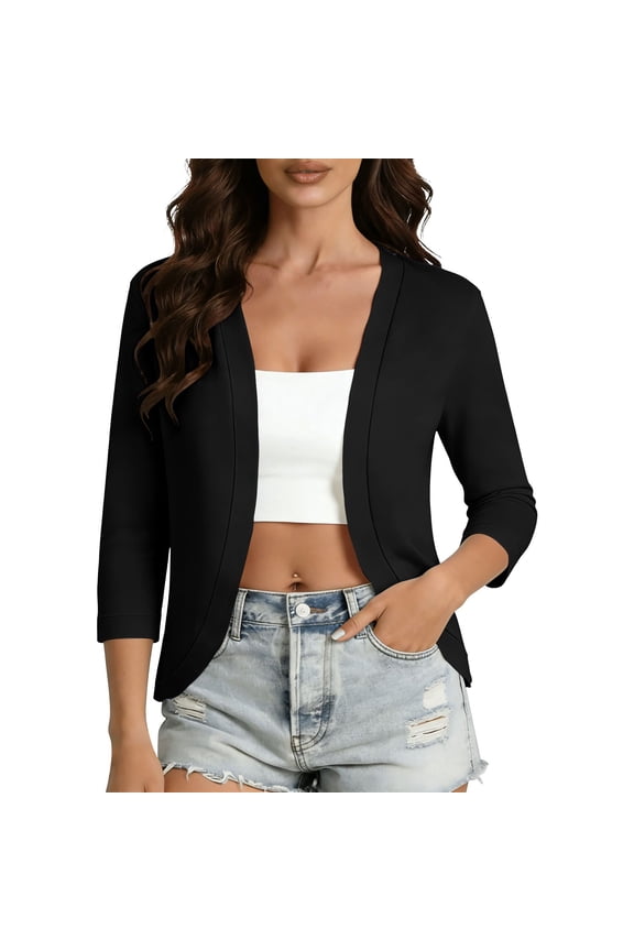 Women Summer Cardigan Soft Lightweight 3/4 Sleeve Open Front Cardigan Curved Hem Hip-Length Work Office Casual Layering Black,XXL