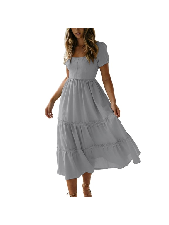 Women Summer Dresses Casual Square Neck Flutter Sleeve Boho Smocked A-Line Flowy Tiered Modest Midi Sun Dress with Pockets Gray,M