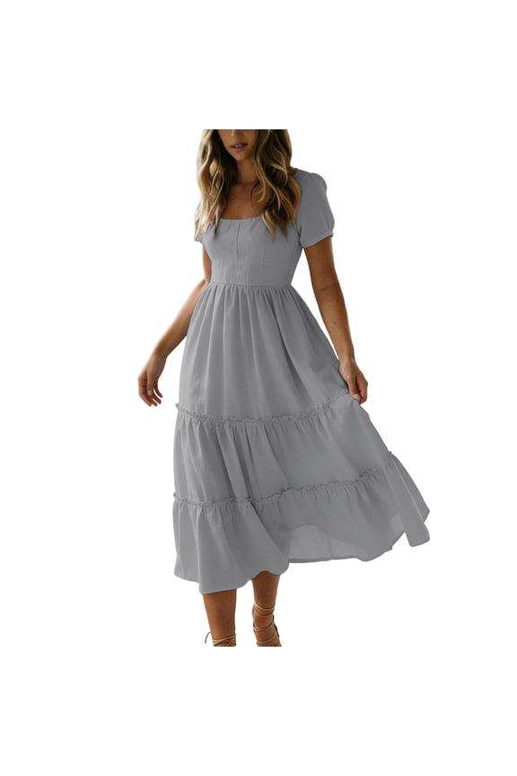 Women Summer Dresses Casual Square Neck Flutter Sleeve Boho Smocked A-Line Flowy Tiered Modest Midi Sun Dress with Pockets Gray,S