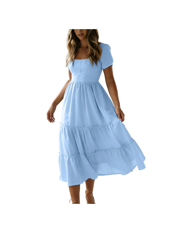 Women Summer Dresses Casual Square Neck Flutter Sleeve Boho Smocked A-Line Flowy Tiered Modest Midi Sun Dress with Pockets Light Blue,XXL