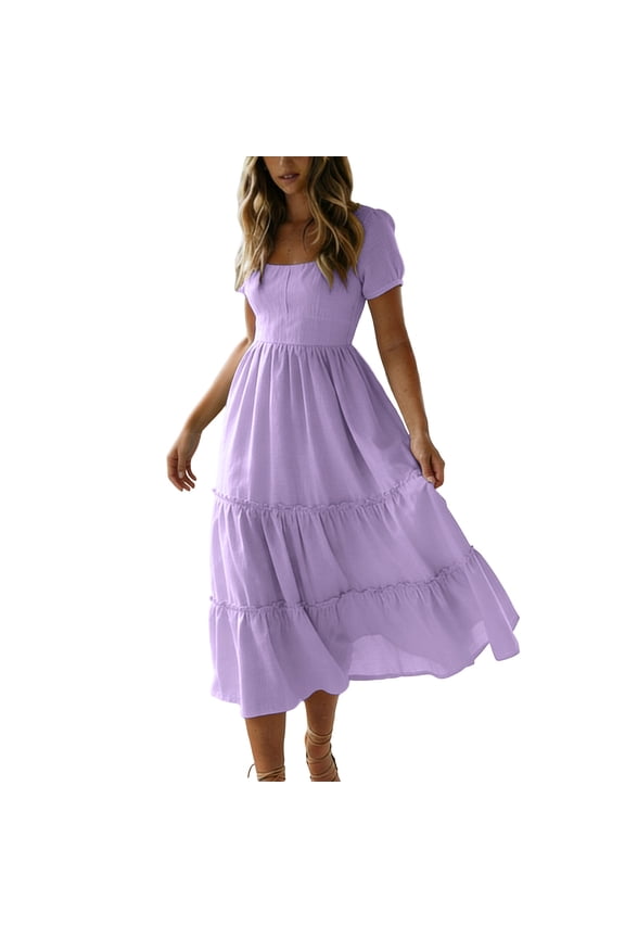 Women Summer Dresses Casual Square Neck Flutter Sleeve Boho Smocked A-Line Flowy Tiered Modest Midi Sun Dress with Pockets Purple,L