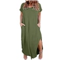 thumbnail image 1 of aohooy Women Summer T Shirt Dress Plus Size Casual Short Sleeve V Neck Maxi Dresses Loose Side Slit Long Dress with Pocket 2026 Green,XXXL, 1 of 6