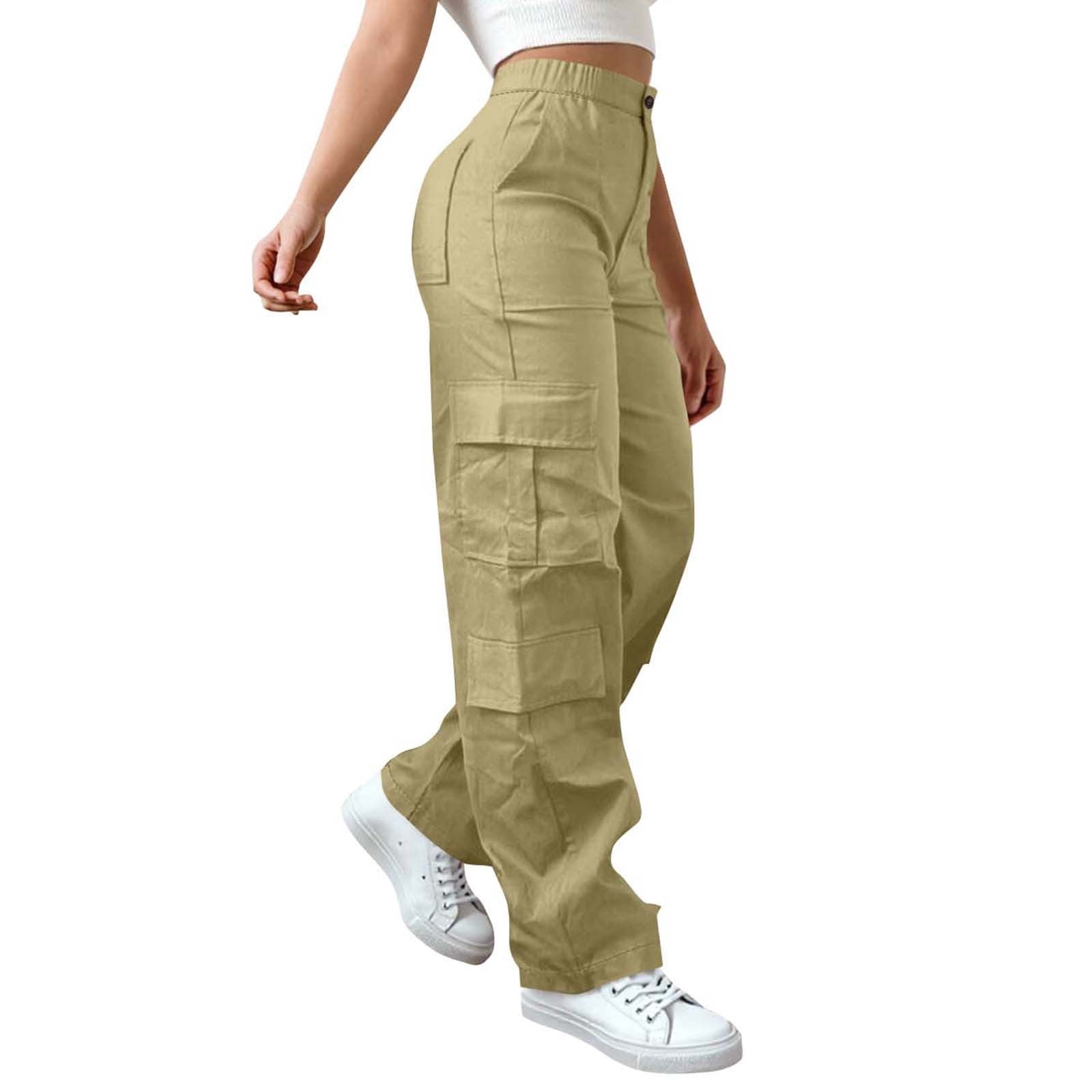 Women Tactical Pants Cargo StretchHigh Waisted Multi Pockets Wide Leg Pant Plus Casual Streetwear Trousers Khaki,XXXL