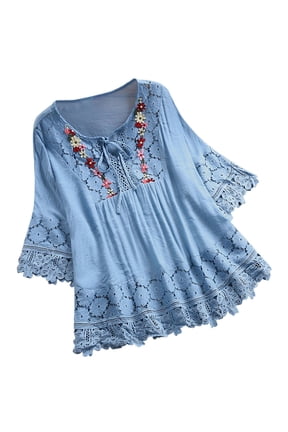 Women Vintage Lace Patchwork Bow-Neck Three Quarter T-Shirt Cotton Linen Boho Embroidered Mexican Peasant Tunic Tops 2026 Sky Blue,S