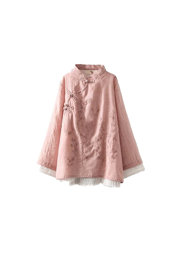 Women Vintage Long Sleeve Chinese Frog Button Traditional Mandarin Collar Blouse Top Embroidery Ethnic Style Shirt Pink,XXL