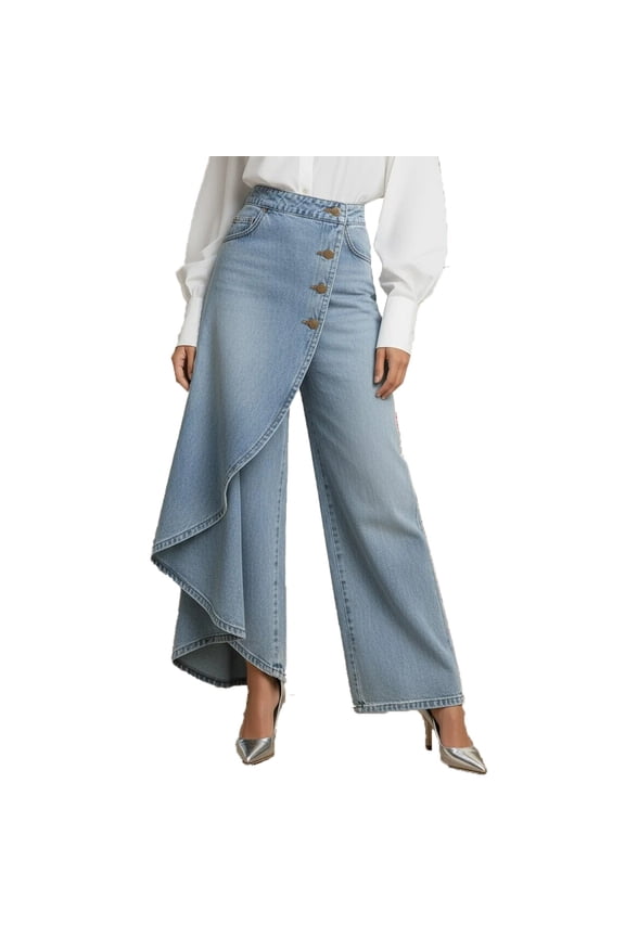 Women Wide Leg Denim Pants Trendy Summer Lightweight Button Up Jean Pant High Waisted Flowy Baggy Side Split Slit Distressed Y2K Trousers Light Blue,M