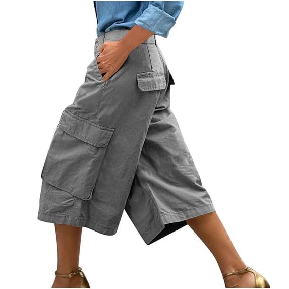aohooy Women Work Cargo Pants Casual Wide Leg Multi Pockets Loose Fit Capri Pant Lightweight Quick Dry Baggy Trousers Gray,L