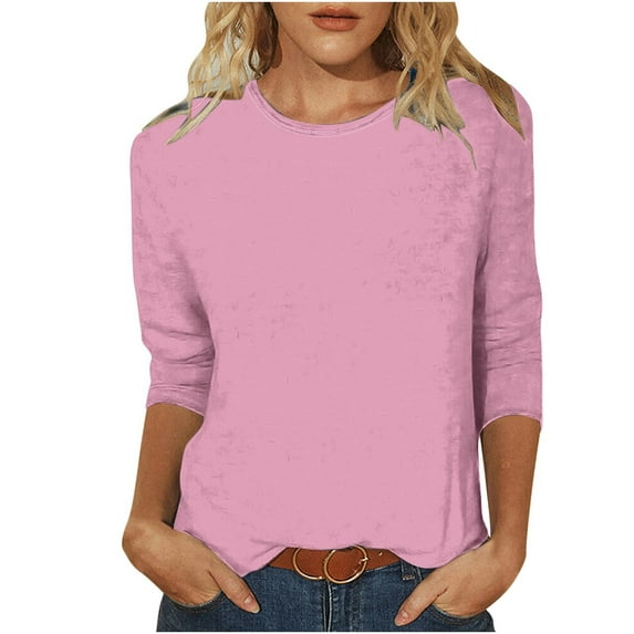 aohooy Women's 3/4 Sleeve Tshirts Shirts for Women Loose Fit Summer Basic Solid Color Casual Cute Tops Crewneck Tunic Blouse 2025 Pink,XXL