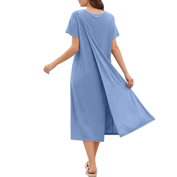 aohooy Women's Adaptive Open Back Nightgown Long Length Post Shoulder Surgery Robe with Snap Buttons for Elderly Blue,S