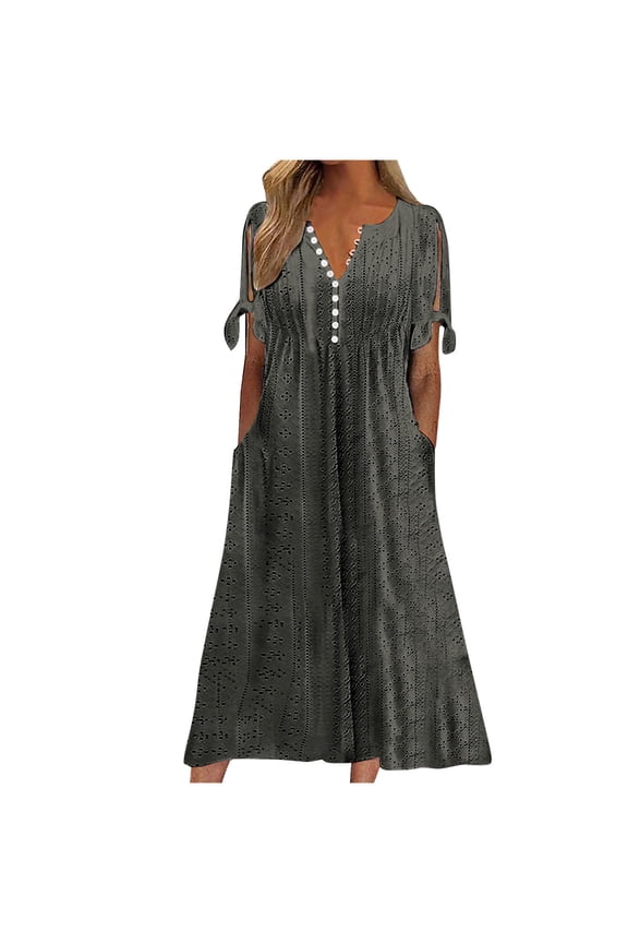 Women's Boho Eyelet Pastel Dress V Neck Tie Knot Short Sleeve Flowy Beach Midi Dresses with Pockets Dark Gray,XXL