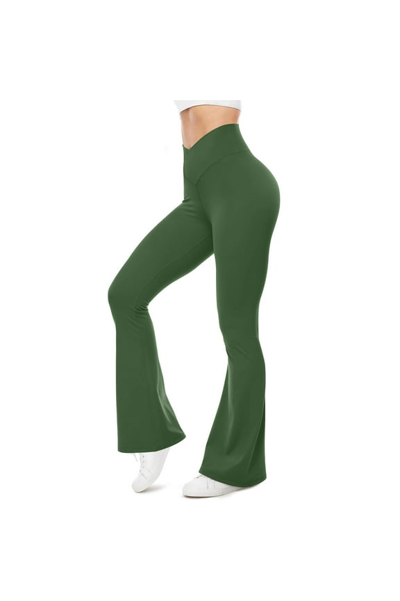 Women's Business Pants Bell Bottoms High Waisted Stretchy Wide Leg Yoga Pant Workout Tummy Control Solid Bootcut Flare Leggings Army Green,S