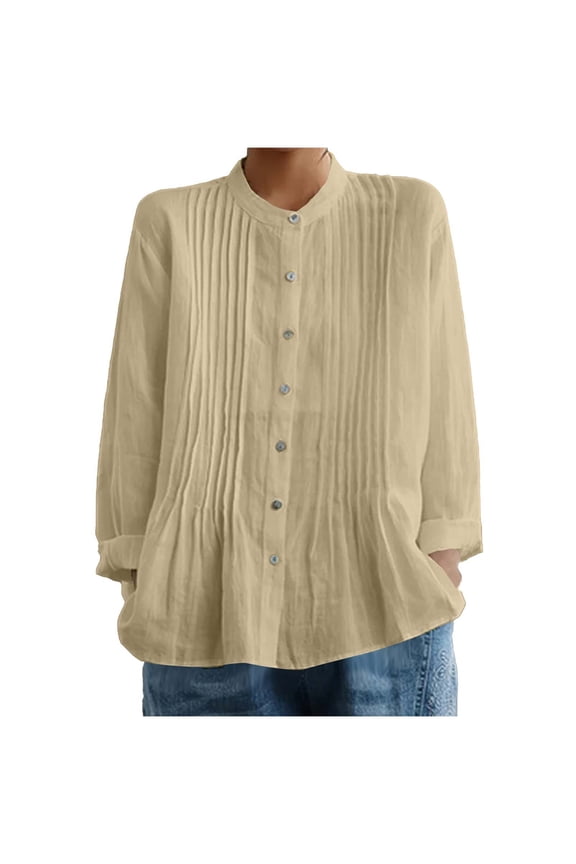 Women's Button Down Cotton Linen Blouses Band Collar Long Sleeve Pleated Flowy Hem Work Summer Tops Tunic Shirts Yellow,S