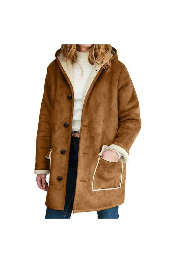 Women's Casual Faux Suede Cardigan - Sherpa Lined Fleece Jackets Hooded Button Down Long Sleeve Oversized Parka Overcoat Coffee,XL