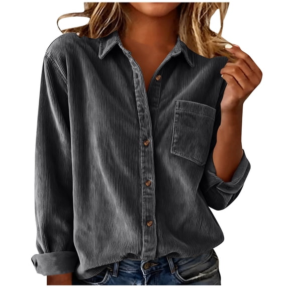 aohooy Women's Corduroy Long Sleeve Button Down Shirts Spring Fall Collared Oversized Boyfriend Shacket Shirt Jacket with Pockets Dark Gray,L