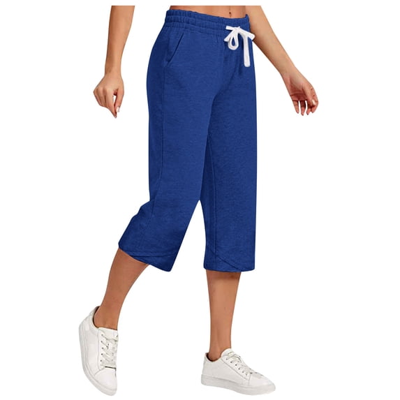 aohooy Women's Cotton Linen Capri Petite Drawsting High Waist Training Capris Summer Casual Running Cropped Trousers with Pockets Blue,S