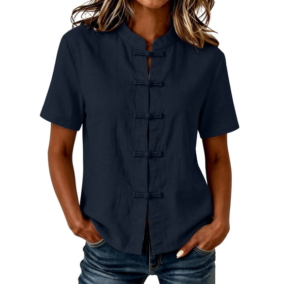 aohooy Women's Cotton Linen T Shirts Retro Mandarin Collar Chinese Frog Button Down Blouses Ladies Summer Short Sleeve Tops 2026 Navy,S