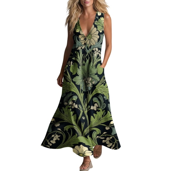 aohooy Women's Deep V Flowy Maxi Dress Floral Printed Summer Loose Bohemian Vacation Beach Hawaii Tropical Dresses with Pockets Multicolor,S