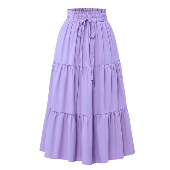 aohooy Women's Drawstring A Line Maxi Skirt Flowy Boho High Waisted Ruffle Tiered Long Summer Casual Pleated Skirt Dress Purple,S